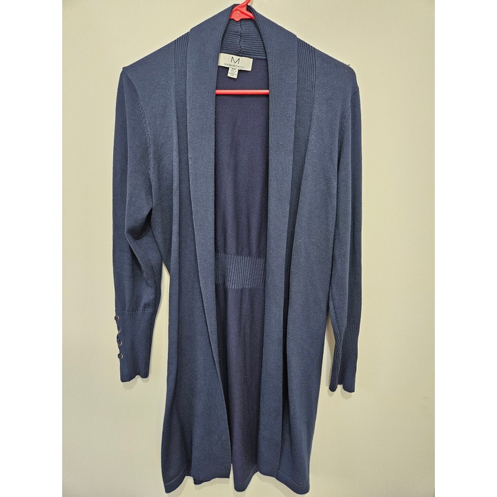 Magaschoni Navy Blue Open Front Longline‎ Cardigan Lace Up Cuff Womens Medium